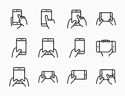 Icon set of hands holding smartphone and tablet