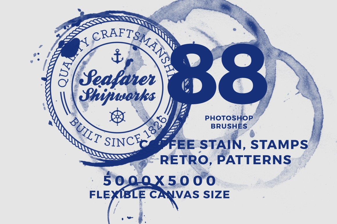Pack of 88 Photoshop Brushes - Coffee Stain, Stamps, Retro, Patterns